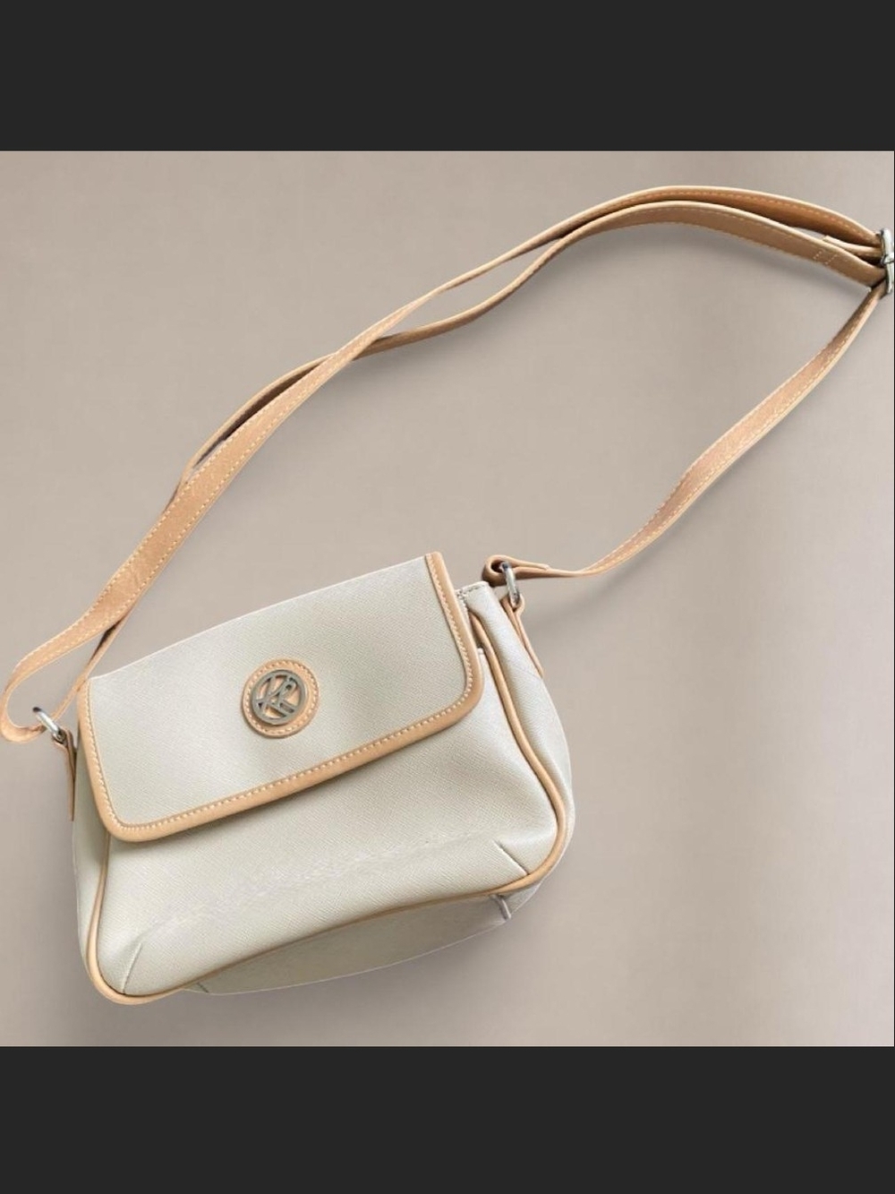 Kim Rogers Light Cream Crossbody Shoulder Bag with Tan Trim